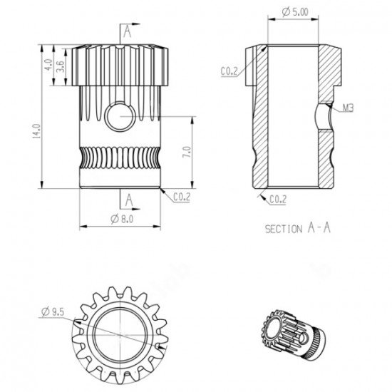 Set of double traction drive gears for extruder - Bondtech style - Compatible with Mk2 / Mk3 type extruders