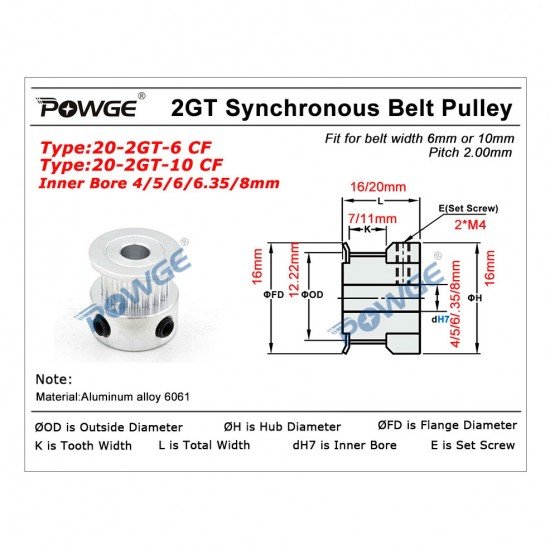GT2 POWGE pulley - 20 teeth - belt width 10mm - high quality and precision