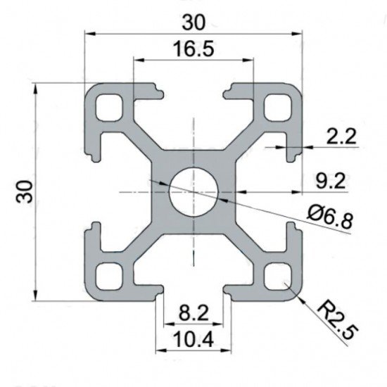 Perfil de aluminio estructural ranurado 30 x 30 - longitud 1 metro