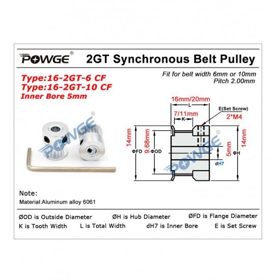 GT2 POWGE pulley - 16 teeth - belt width 10mm - high quality and precision