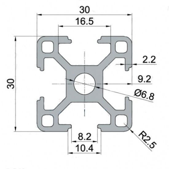 Slotted structural aluminum profile 30 x 30 - length 1 meter