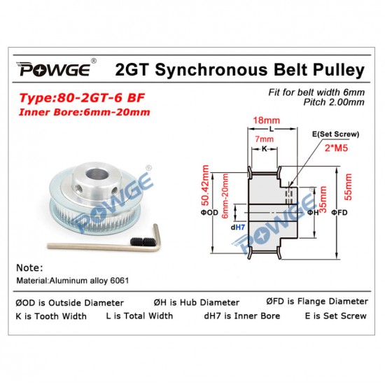 GT2 POWGE pulley - 80 teeth - belt width 6mm - high quality and precision