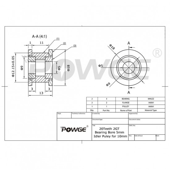 Polea GT2 POWGE con Rodamiento DI 5mm - 20Z sin dientes - anchura correa 10mm - alta calidad y precisión