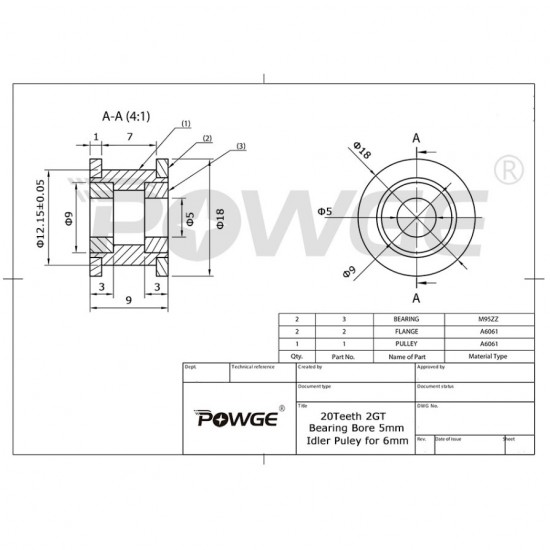 GT2 POWGE Pulley with Bearing 5mm ID - 20 Teeth - belt width 6mm- high quality and precision