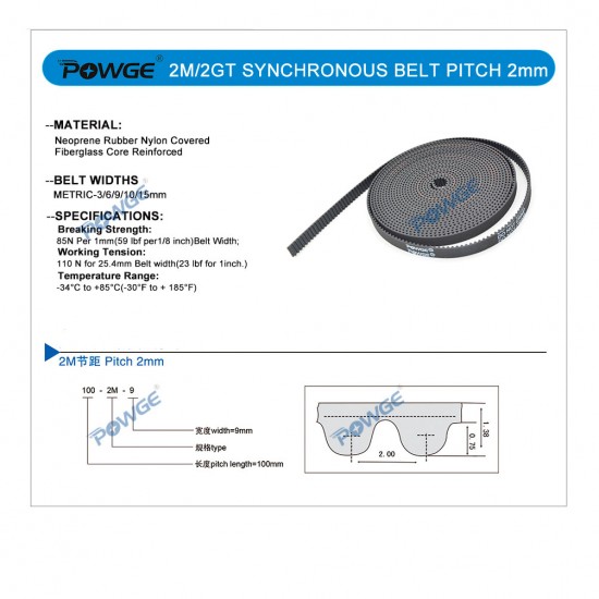 GT2 POWGE Timing Belt 2GT - Belt Width 9mm - reinforced with fiberglass - high quality and precision - 1m