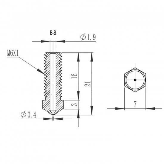 Boquilla / nozzle rosca M6 para hotend Volcano - 0.6mm