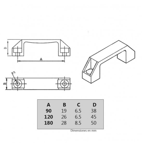 Asa de sujeción / Tirador - 120mm entre orificios - con orificio 6.5mm