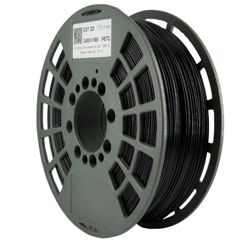 Bobina de 1 kg de filamento PETG-CF negro GST3D de 1,75 mm con etiqueta de temperaturas