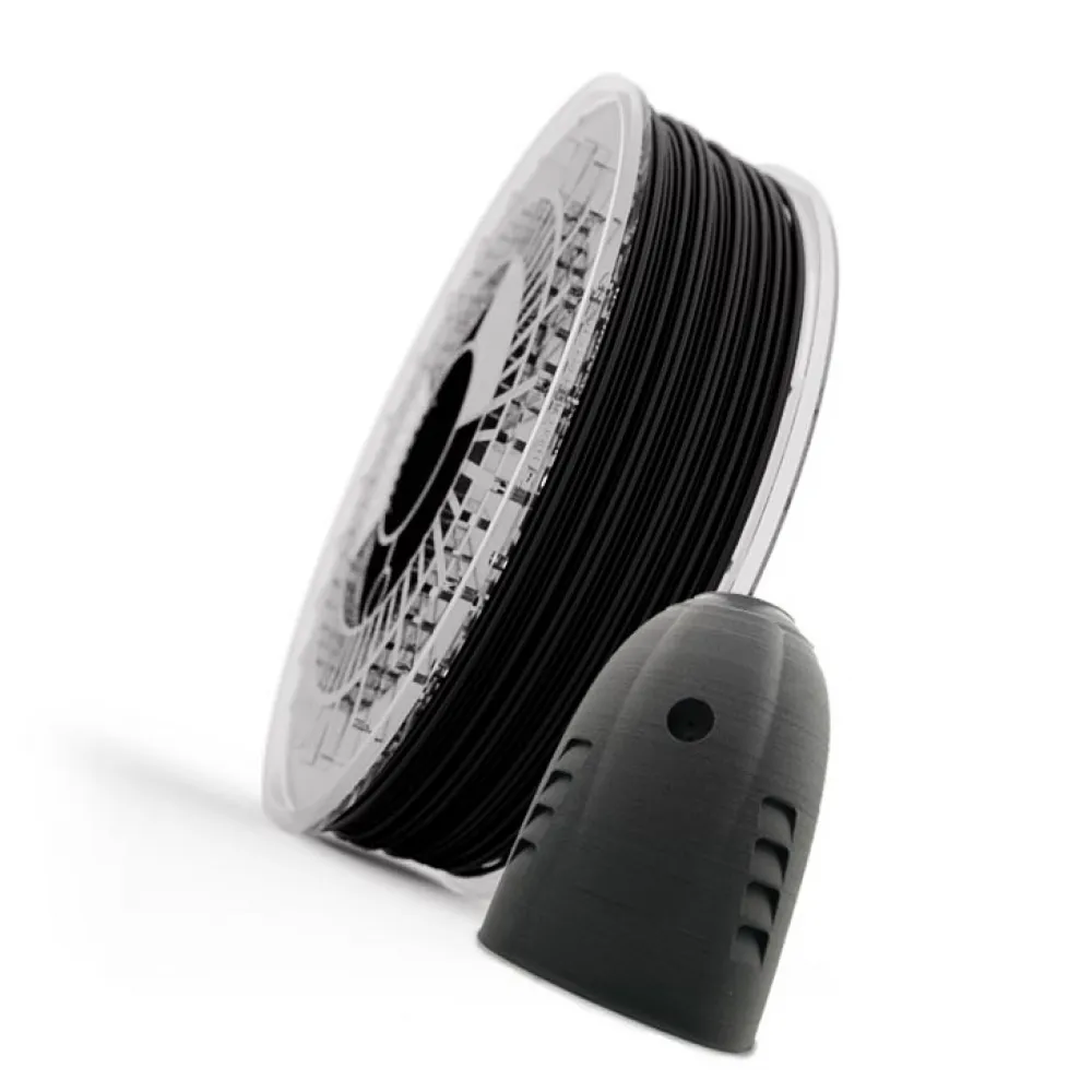 Bobina de filamento negro Recreus PLA-LW de 1,75 mm junto a una pieza ligera impresa