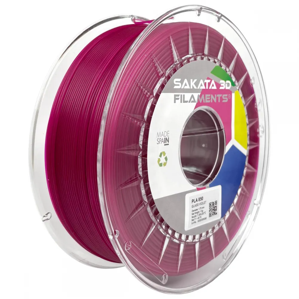 Bobina violeta de filamento translúcido Sakata 3D PLA 850 GLASS Ingeo 3D850 de 1,75 mm