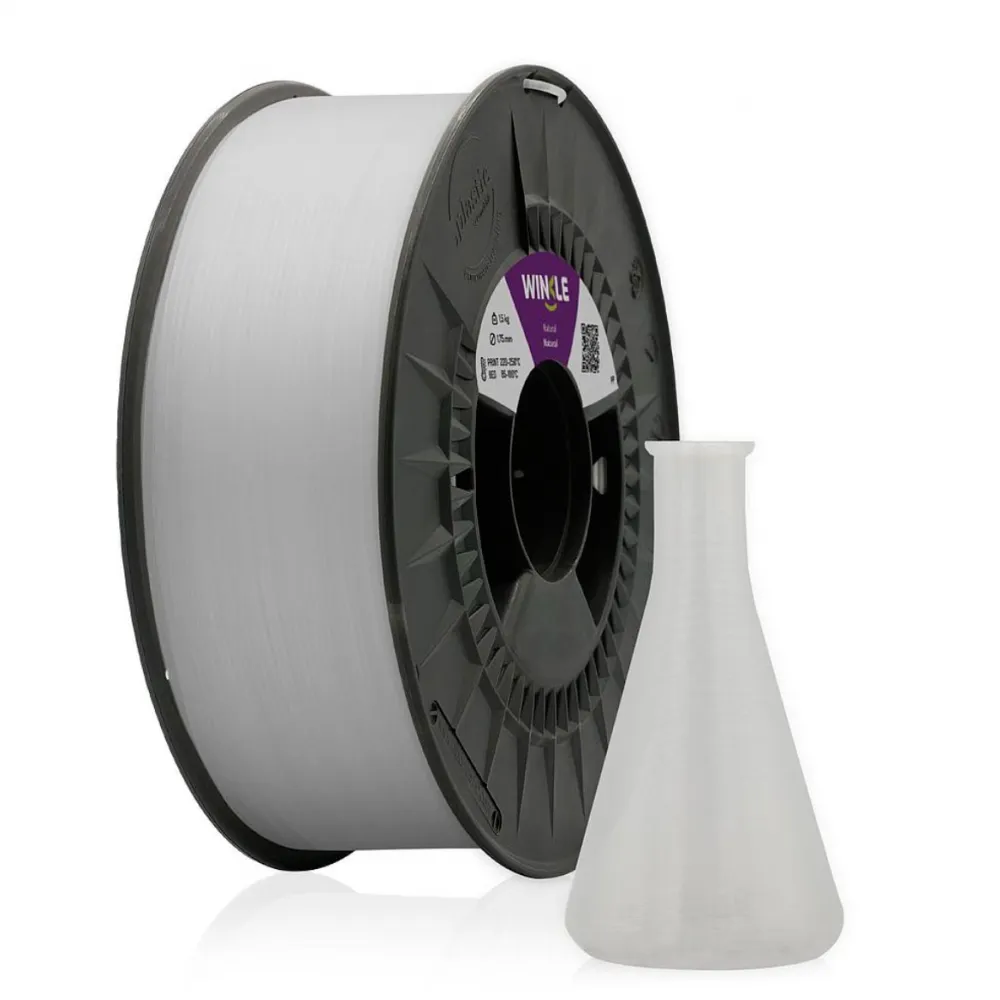 Bobina de filamento WINKLE PP de polipropileno natural de 1,75 mm junto a una pieza impresa