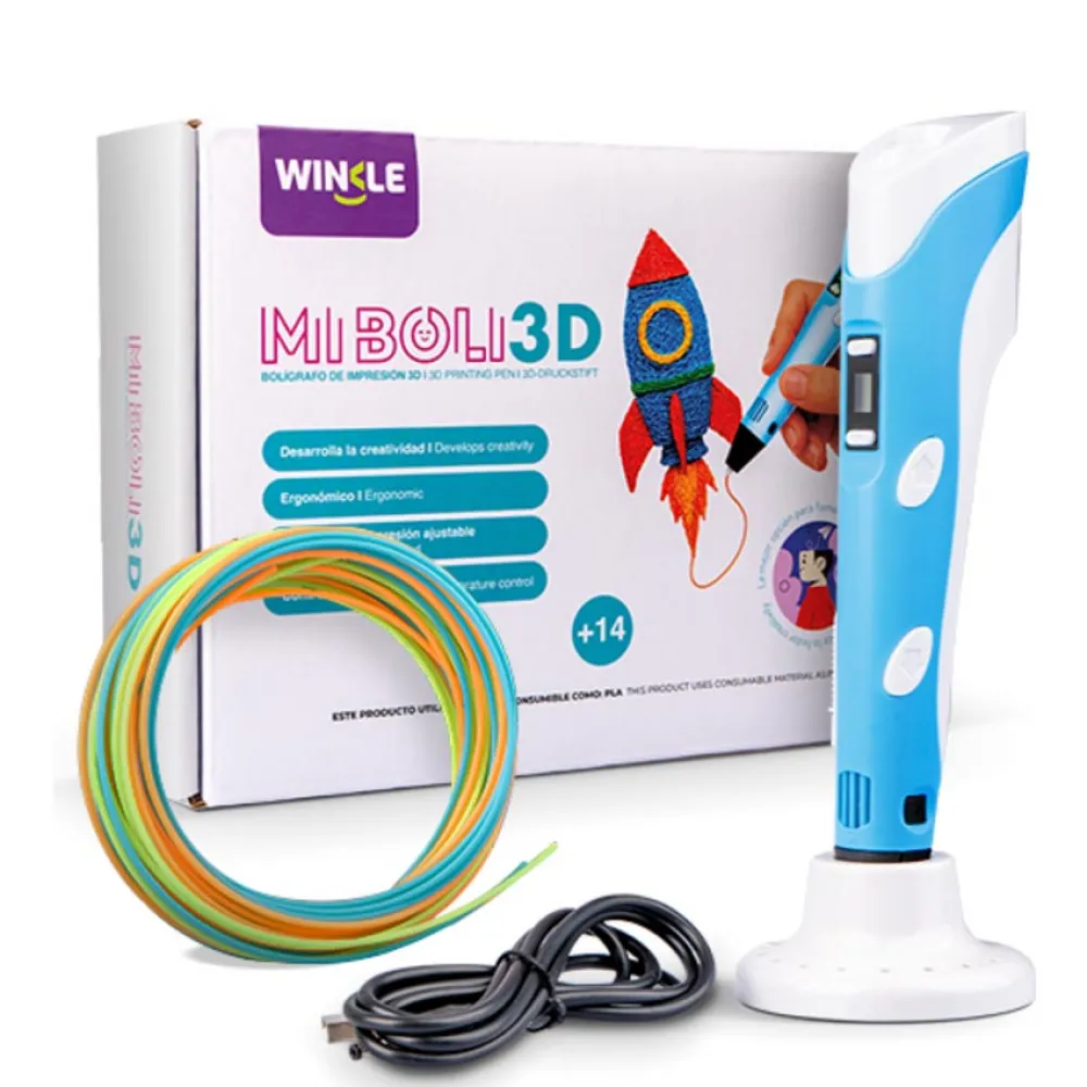 Bolígrafo 3D WINKLE azul y blanco con pantalla LCD, cable USB y caja