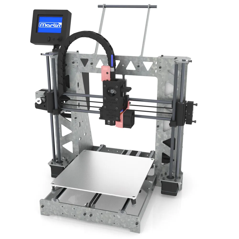 Render de la impresora 3D HTA3D 3DSteel original con marco galvanizado, extrusor directo y pantalla LCD
