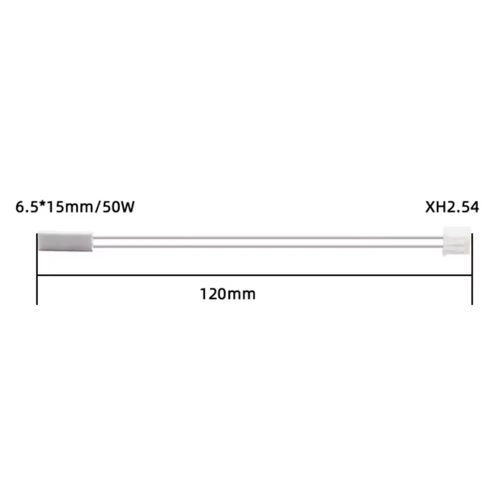 Ceramic heater drawing showing a 6.5 by 15 mm element, 120 mm cable and XH2.54 connector