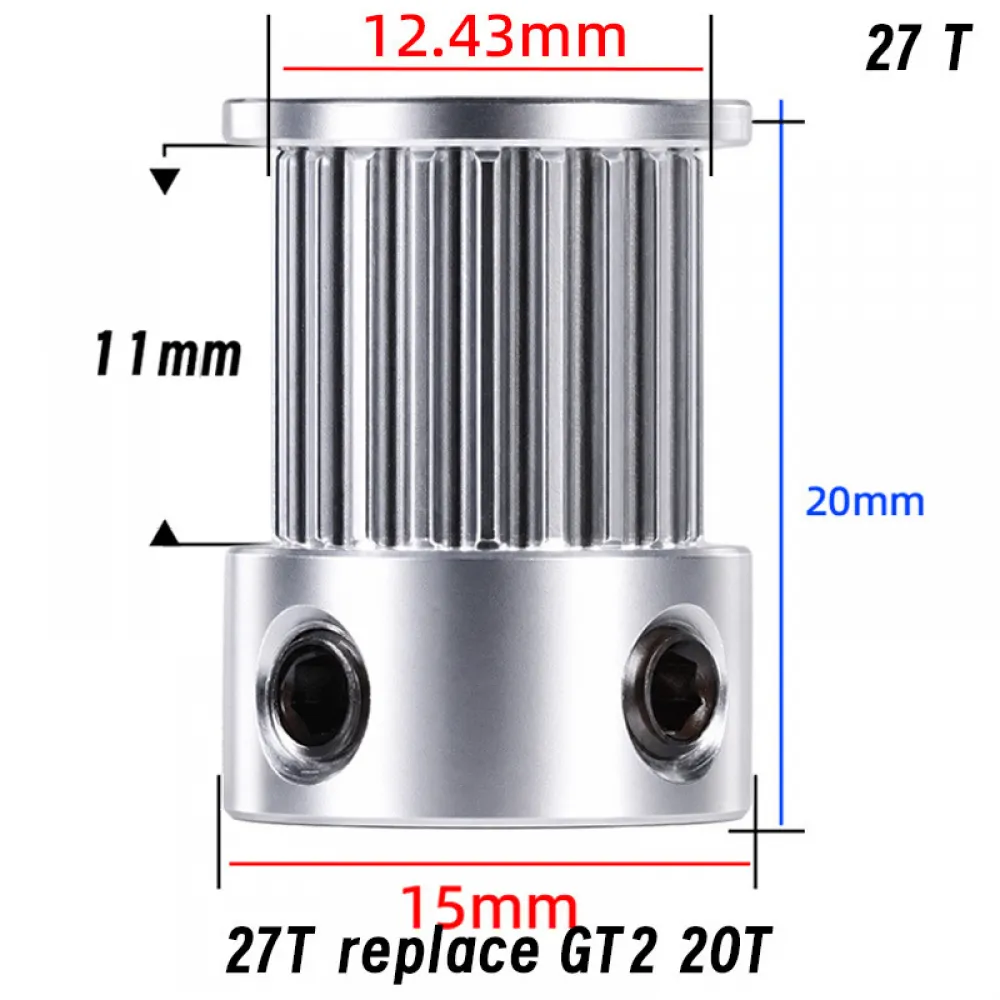 Medidas nominales de la polea motriz Mellow 1,5GT 27T: altura total 20 mm y agujero de 5 mm