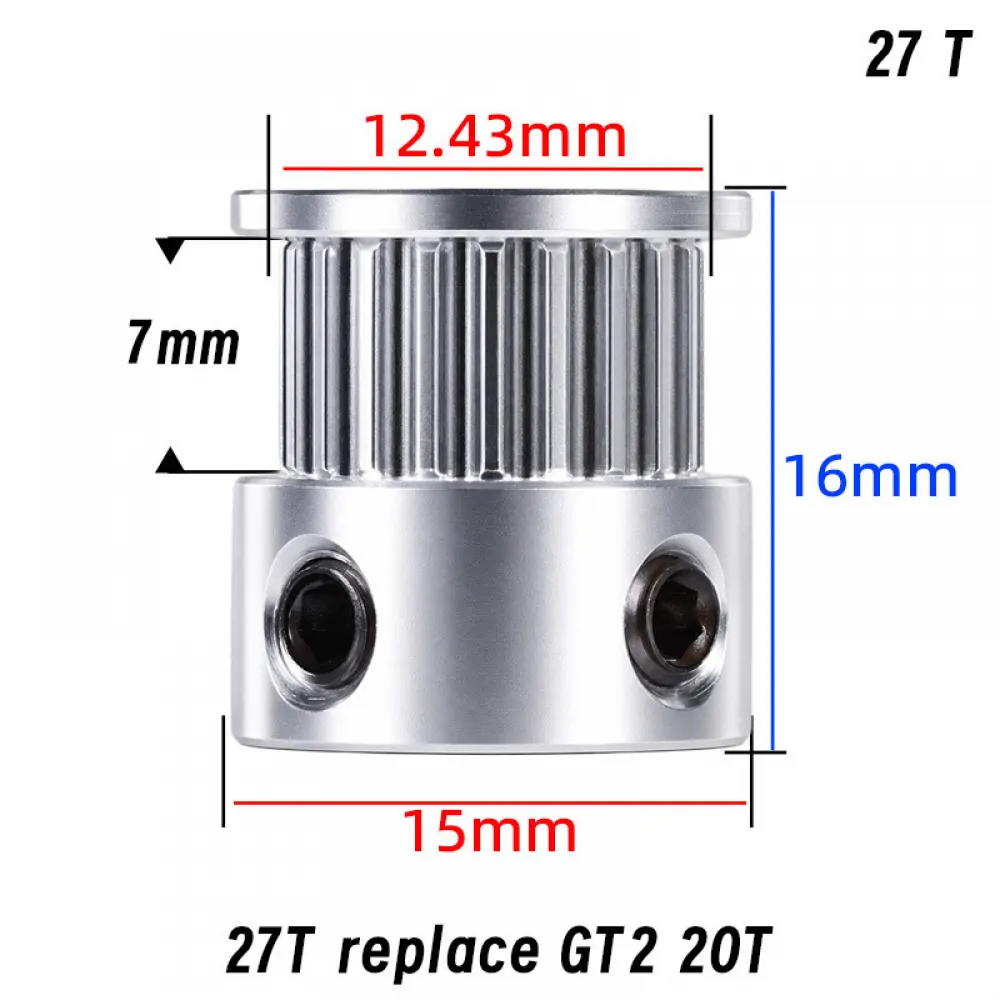 Medidas nominales de la polea motriz Mellow 1,5GT 27T: altura total 16 mm y agujero de 5 mm