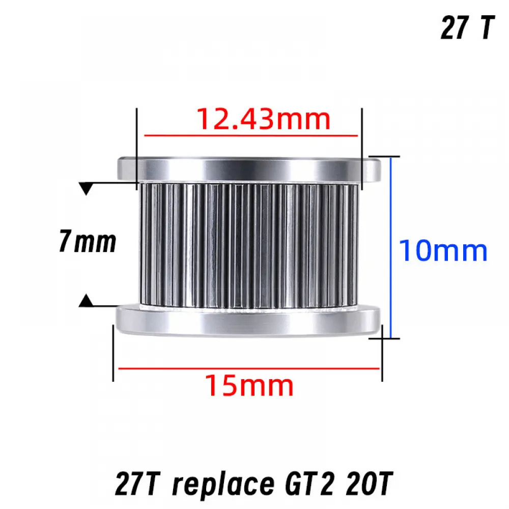 Medidas nominales de la polea Mellow 1,5GT 27T: altura 10 mm, pista 7 mm y alojamiento de 5 mm
