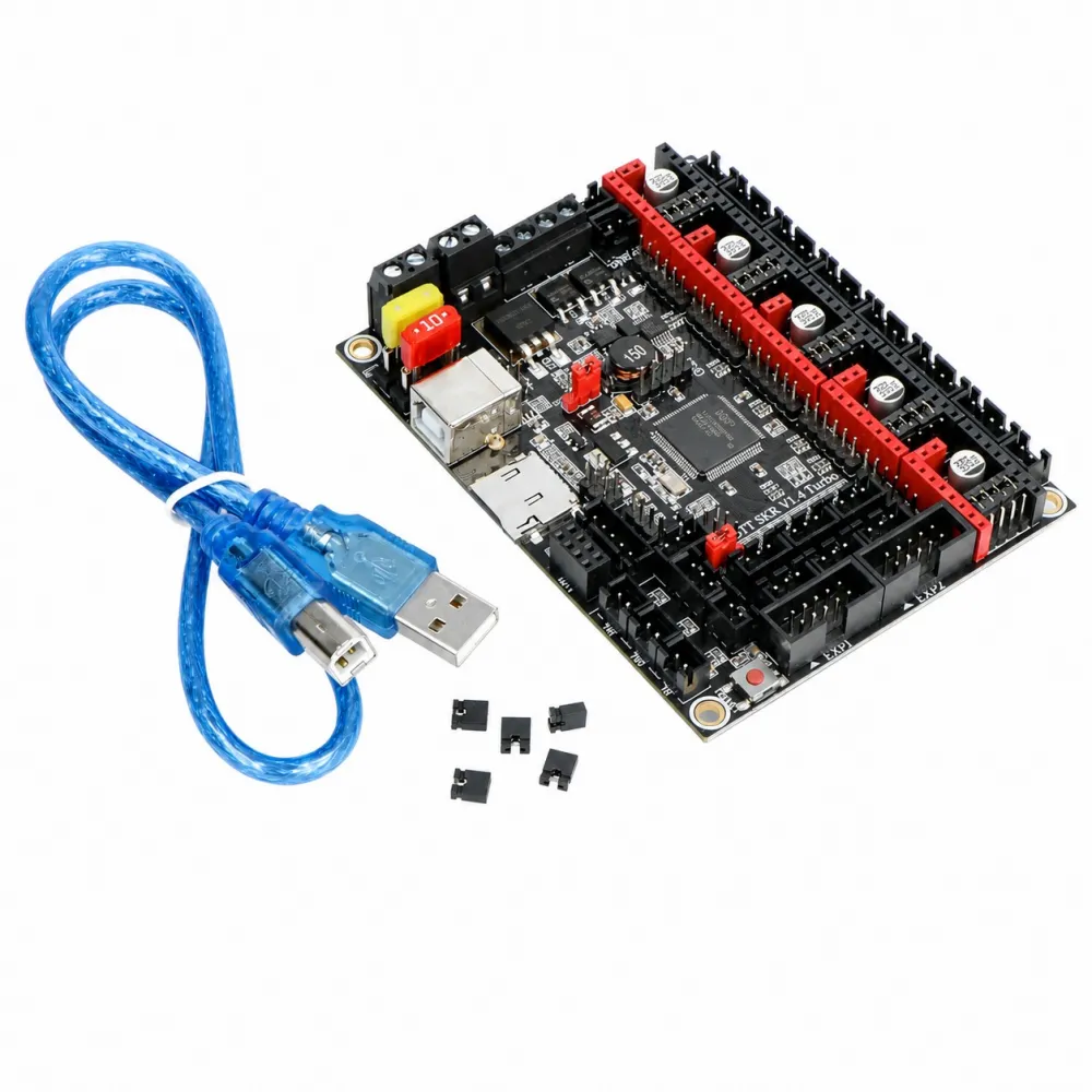 Vista del conjunto fotografiado de la BIGTREETECH SKR V1.4 Turbo y sus accesorios