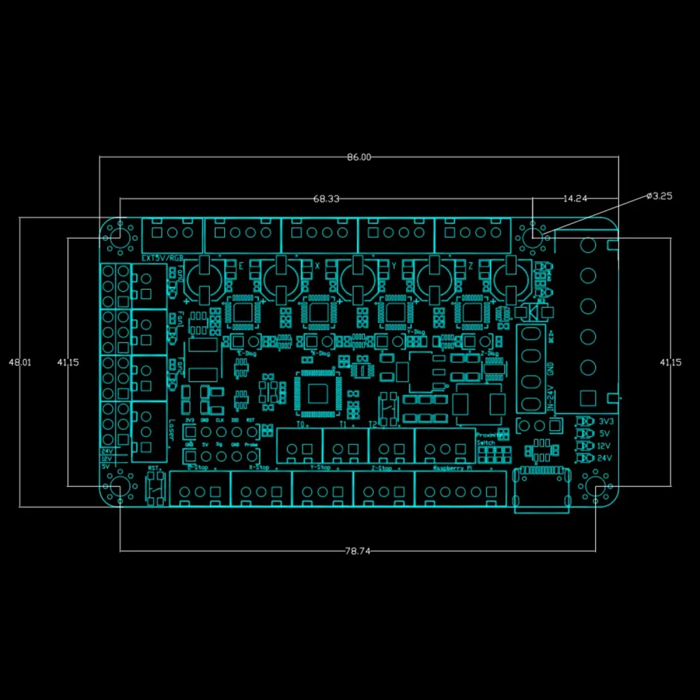 Plano dimensional FYSETC R4 V1.0 de 86 por 48,01 mm con distancias de montaje