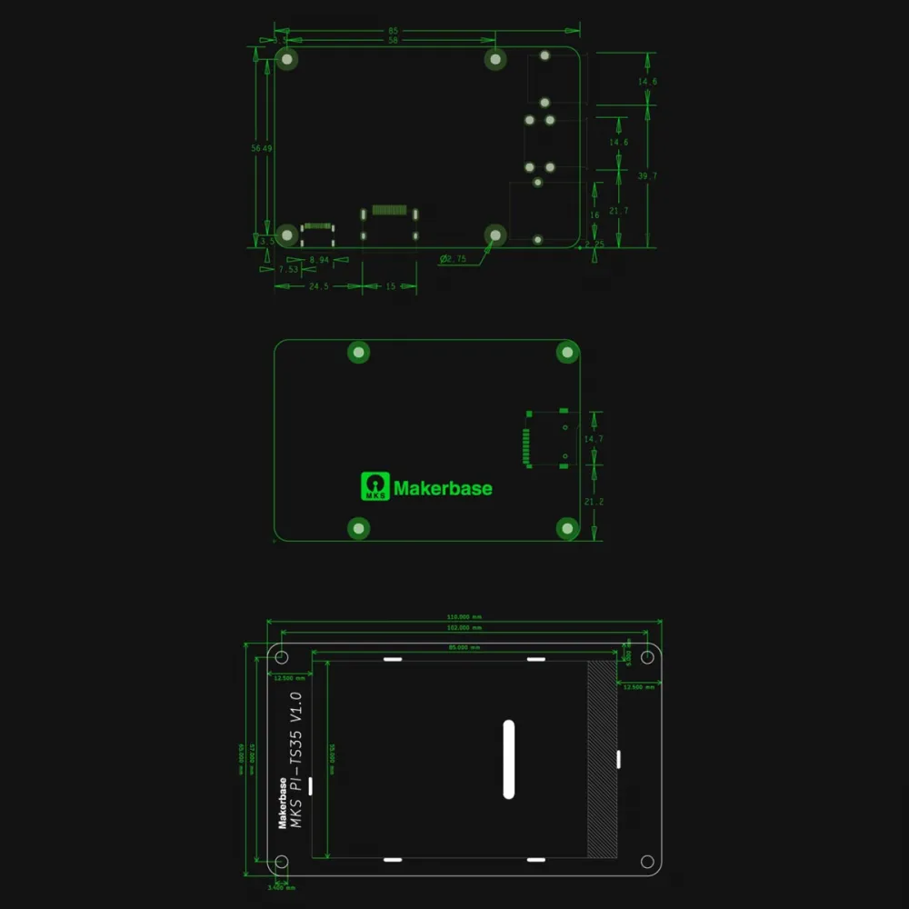 Plano de dimensiones y montaje de MKS Pi y pantalla MKS PI-TS35