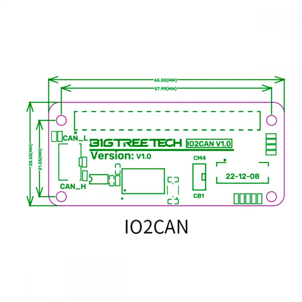 Plano dimensional de BIGTREETECH IO2CAN V1.0 con PCB de 65 por 28,55 mm
