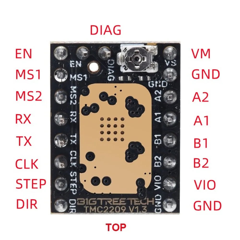 Pinout oficial del BIGTREETECH TMC2209 V1.3 con alimentación, motor, control, UART y DIAG