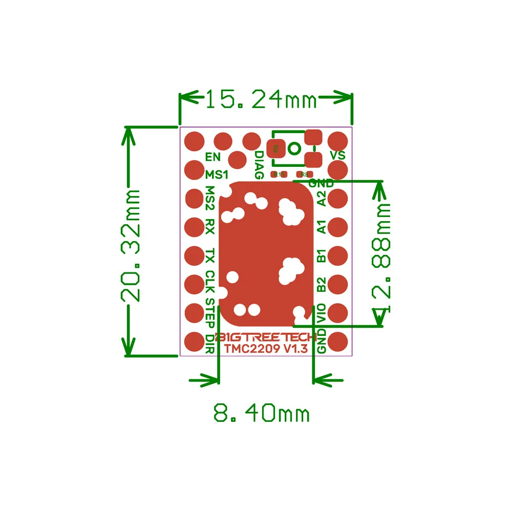 Plano dimensional oficial del BIGTREETECH TMC2209 V1.3 con PCB de 20,32 por 15,24 mm