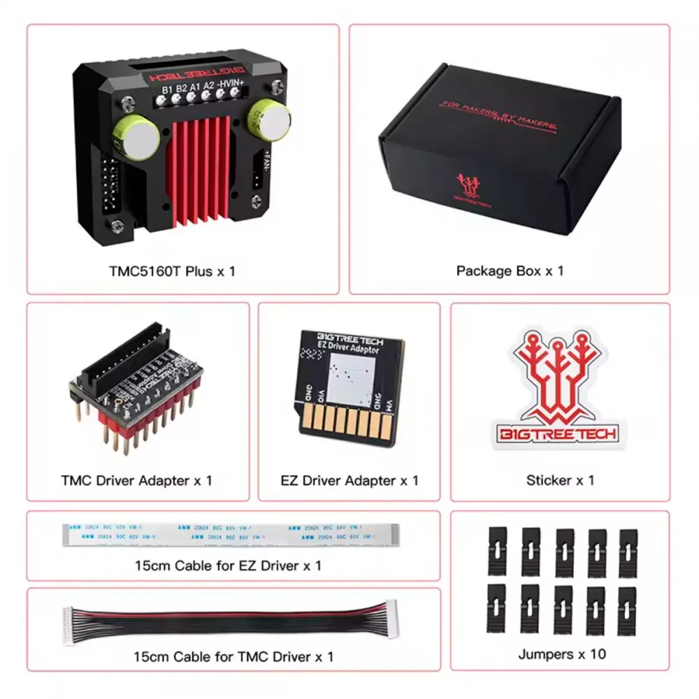 Contenido del kit BIGTREETECH TMC5160T Plus V1.0 con adaptadores TMC y EZ, cables y jumpers