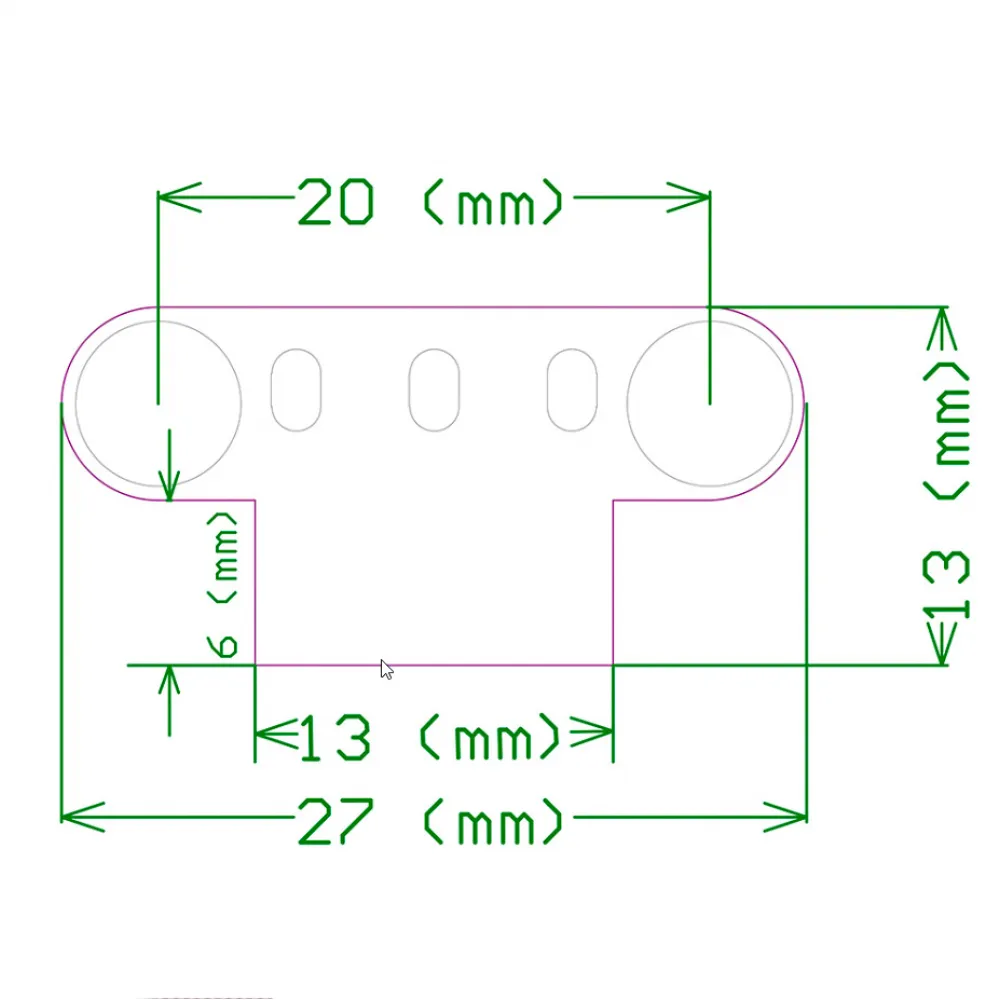 Plano del final de carrera mini con 27 mm de ancho y 20 mm entre centros de montaje