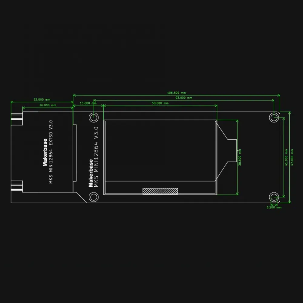 Plano dimensional de la pantalla MKS MINI12864 V3.0 con medidas exteriores y anclajes