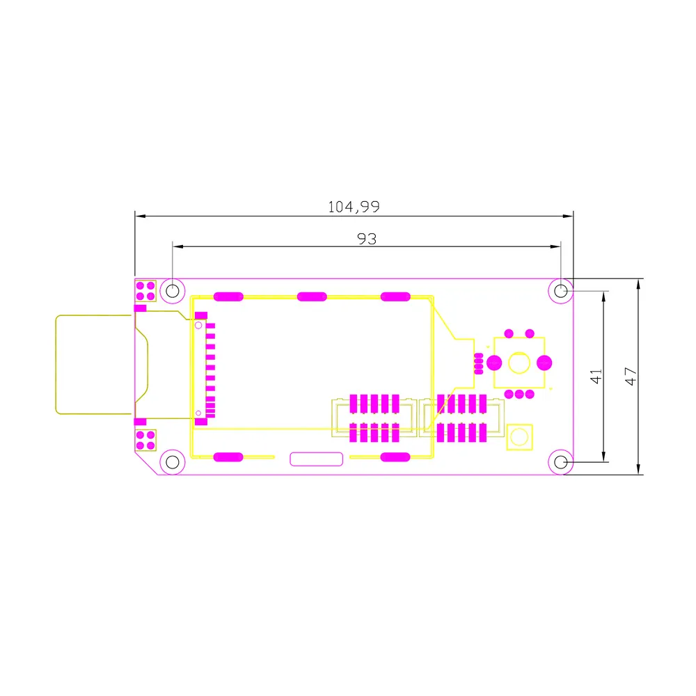 Plano dimensional oficial de FYSETC Mini 12864 V2.1 con medidas exteriores y centros de montaje