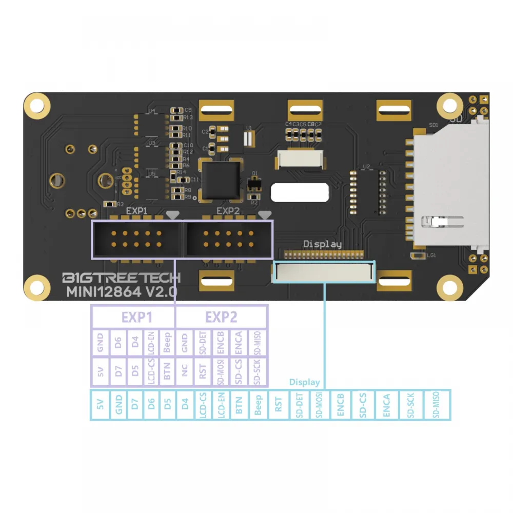 Pinout oficial de EXP1, EXP2 y FPC Display de BIGTREETECH MINI12864 V2.0