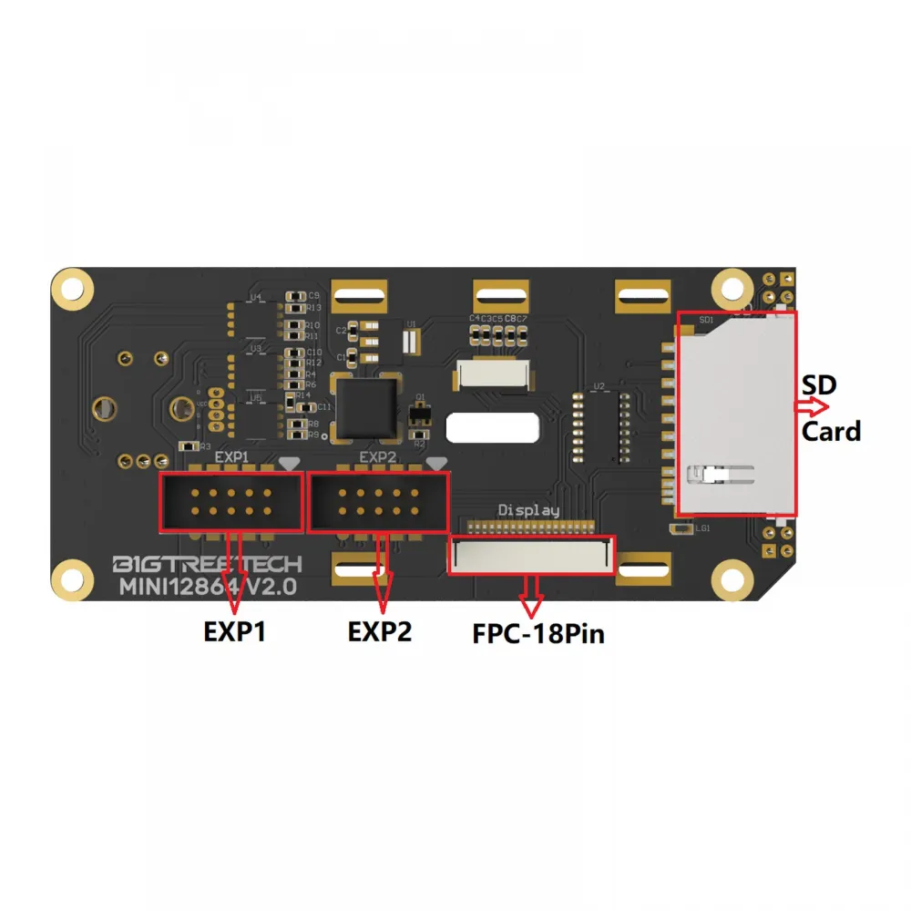 Ubicación de EXP1, EXP2, FPC de 18 pines y lector SD en BIGTREETECH MINI12864 V2.0
