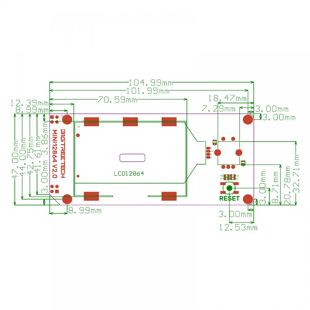 Plano dimensional oficial de BIGTREETECH MINI12864 V2.0 con medidas y orificios de montaje