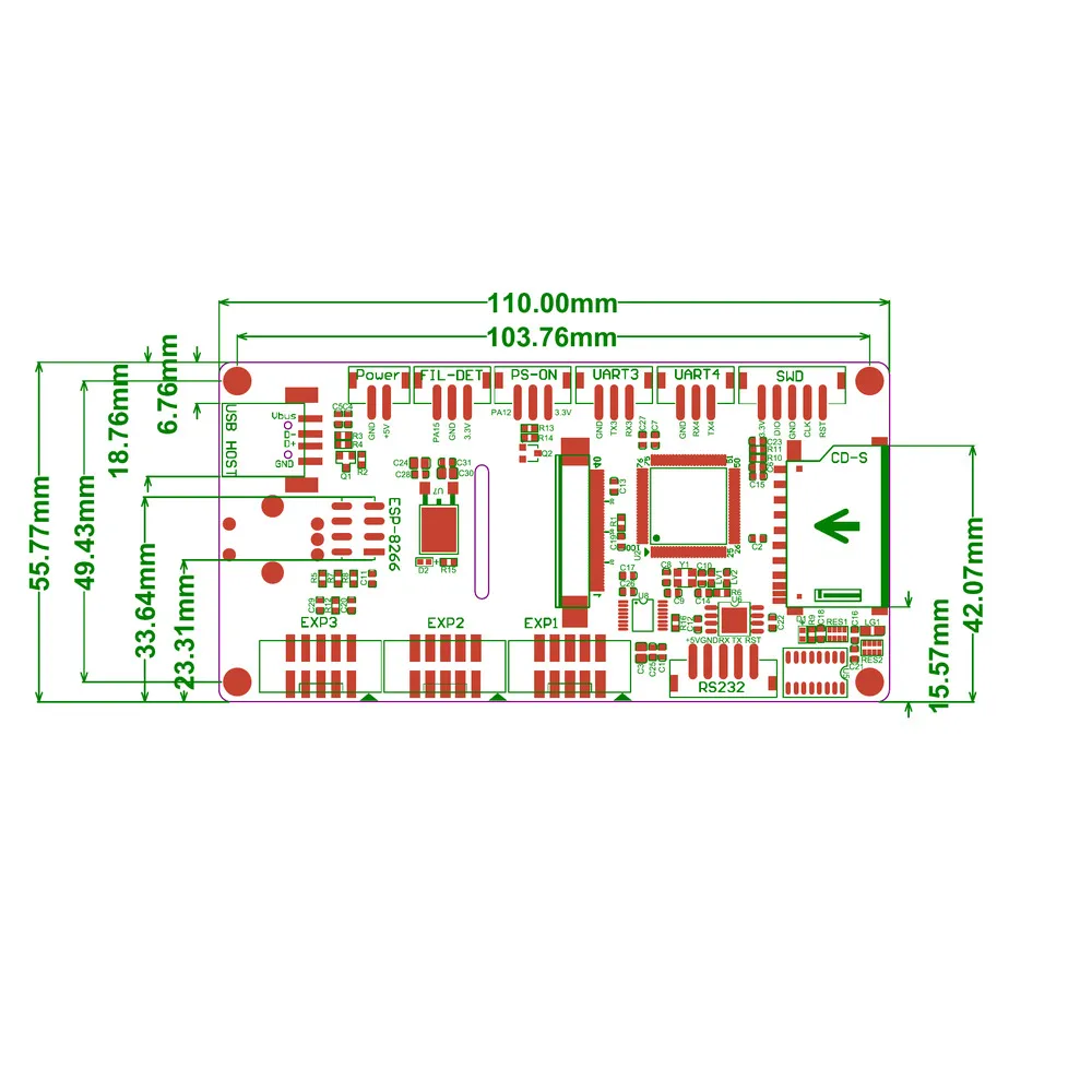 Plano oficial de dimensiones, conectores y taladros de montaje de BIGTREETECH TFT35 V3.0