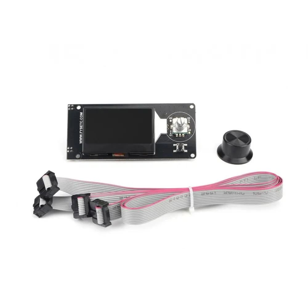 Contenido de FYSETC Mini 12864 V2.1 con pantalla, mando y dos cables IDC