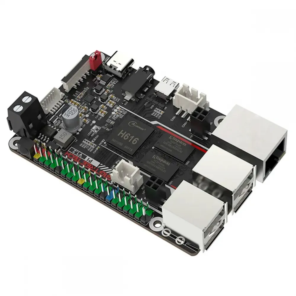 Placa BIGTREETECH Pi V1.2 con procesador Allwinner H616, puertos USB, Ethernet, GPIO y bornera de alimentación