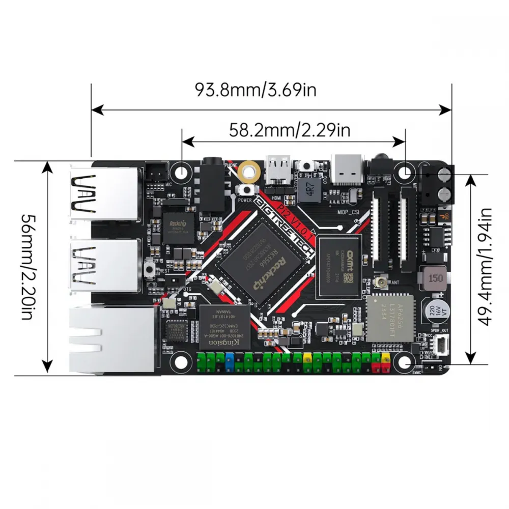 BIGTREETECH Pi 2 dimension drawing with 93.8 by 56 mm outline and 58.2 by 49.4 mm mounting-hole spacing