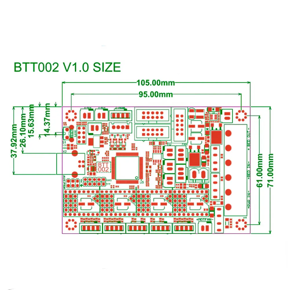 Plano dimensional de la BIGTREETECH BTT002 V1.0 de 105 por 71 mm y centros de montaje de 95 por 61 mm