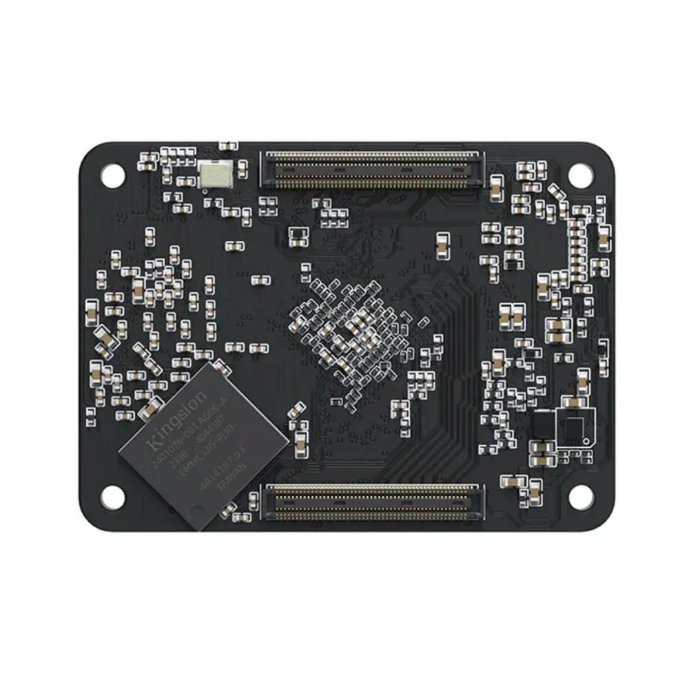 Cara inferior del BIGTREETECH CB2 V1.0 con dos conectores BTB para la placa portadora y chip eMMC