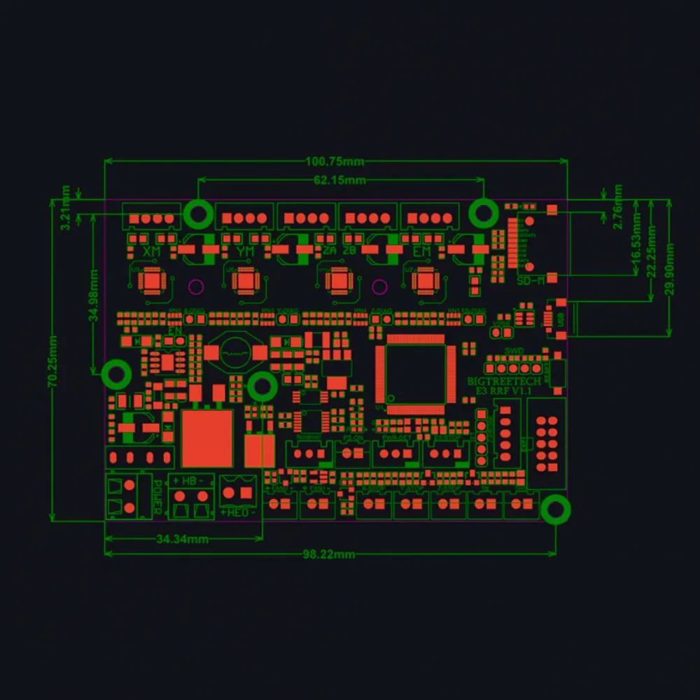 Plano dimensional de la BIGTREETECH E3 RRF V1.1 con medidas y taladros de montaje