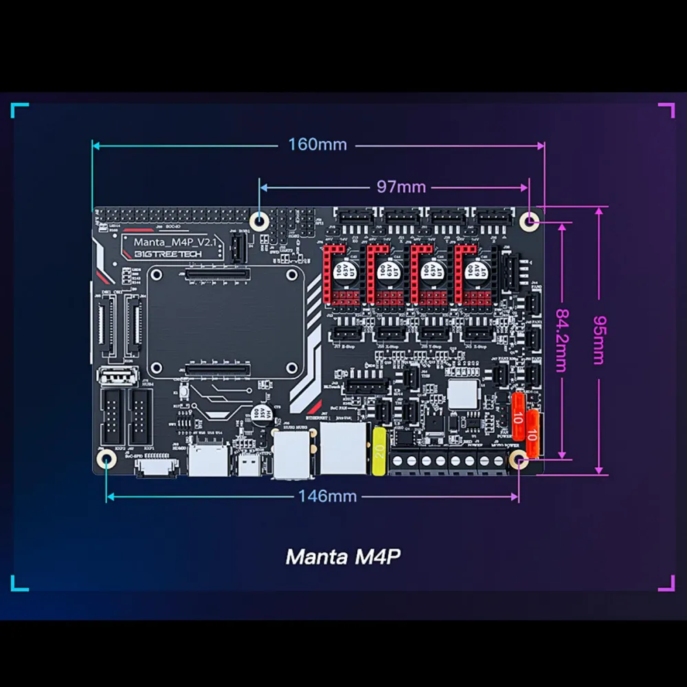 Plano de la Manta M4P V2.1 con dimensiones exteriores 160 por 95 mm y distancias entre orificios de montaje