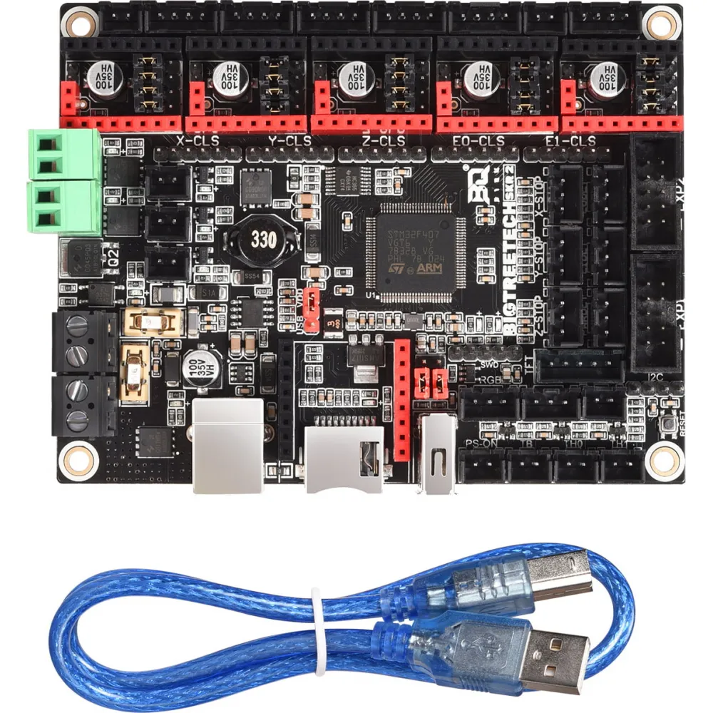 BIGTREETECH SKR 2 board with visible STM32F407VGT6 microcontroller and USB cable