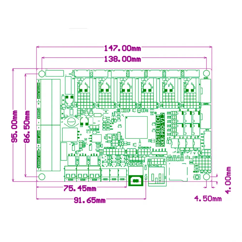 Plano dimensional de la BIGTREETECH SKR Pro V1.2 de 147 por 95 mm y centros de montaje de 138 por 86,5 mm