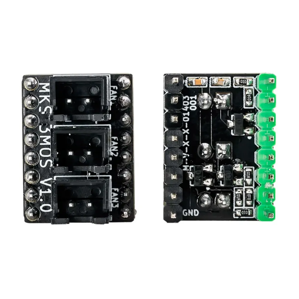 MKS 3MOS V1.0 visto por ambas caras con tres conectores de ventilador y formato de driver enchufable