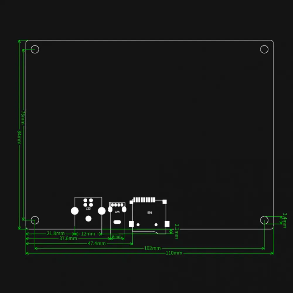 Plano de montaje de la MKS Robin Nano V3.1 con placa de 110 por 84 mm y taladros a 102 por 76 mm