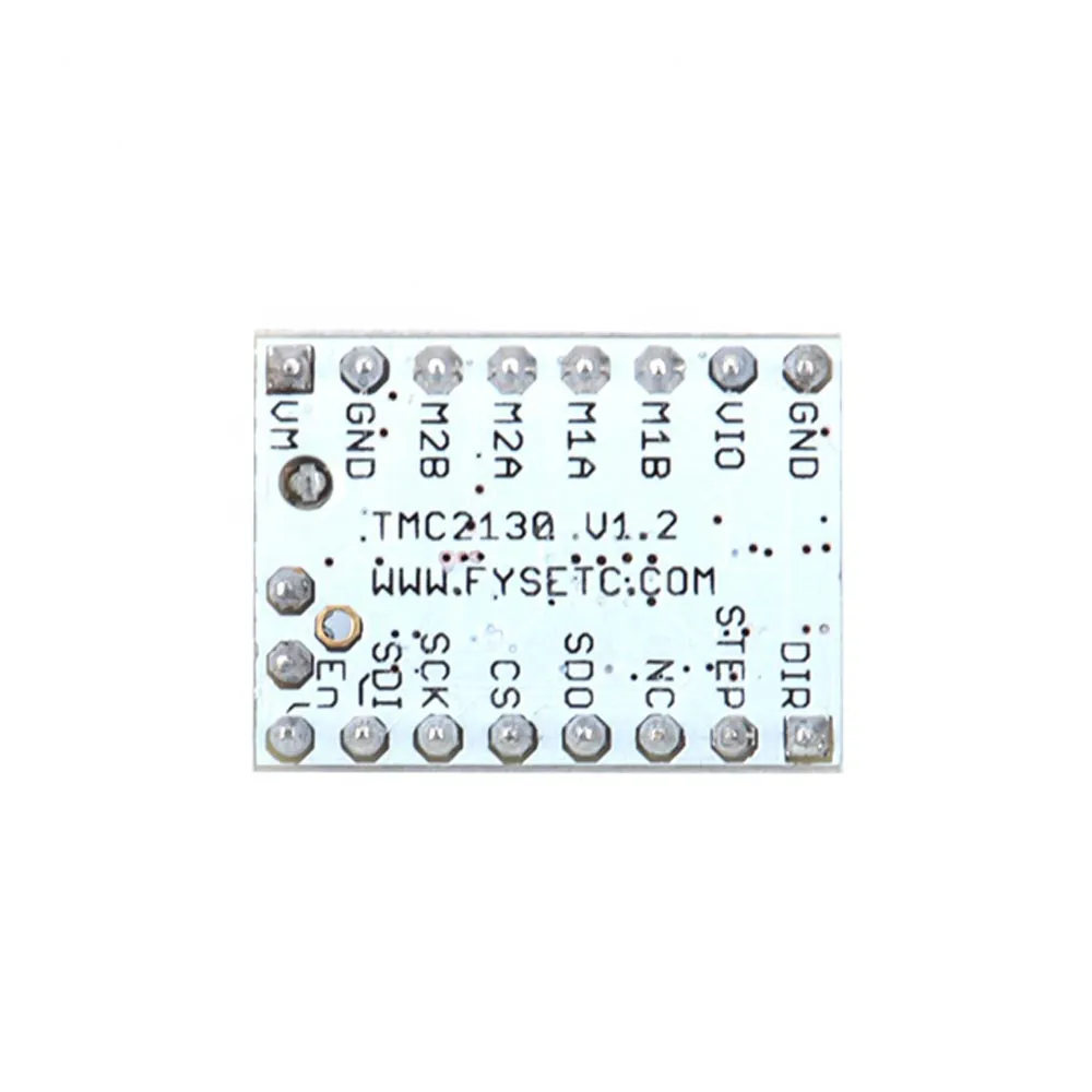Pinout serigrafiado del FYSETC TMC2130 V1.2 con VM, bobinas, lógica, SPI, STEP y DIR