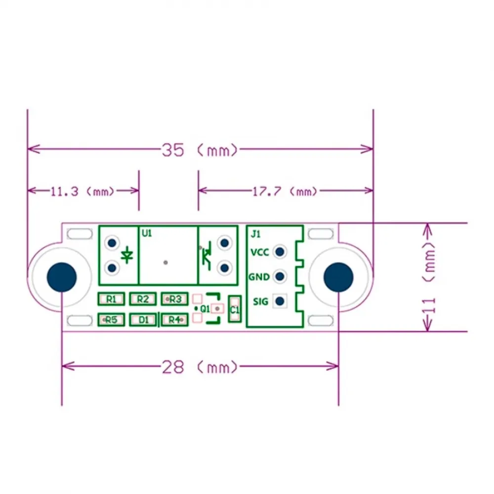 Plano del final de carrera óptico compacto: 35 mm de largo, 11 mm de ancho y 28 mm entre centros de fijación