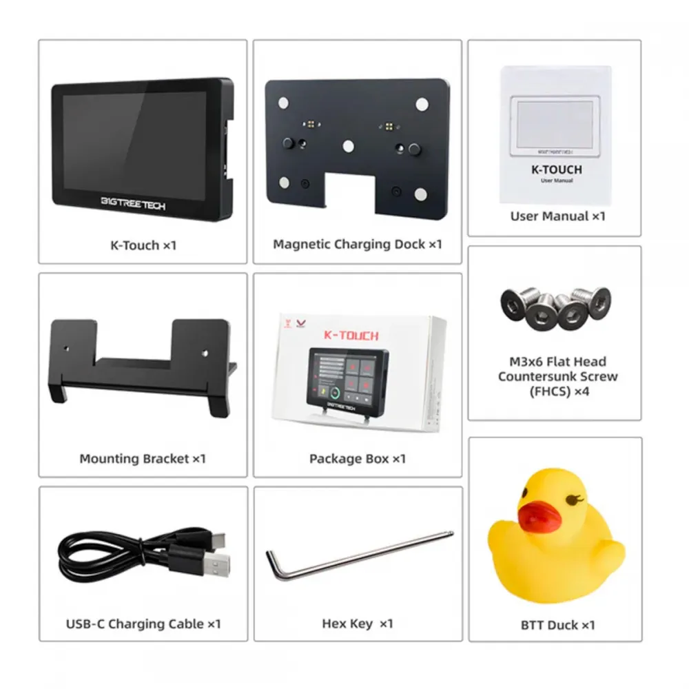 BIGTREETECH K-Touch package with display, magnetic dock, bracket, USB-C cable, screws, hex key and BTT duck