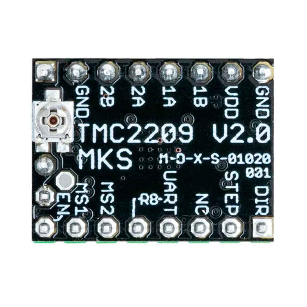 Driver MKS TMC2209 V2.0 visto por la cara de la serigrafía, con pines UART, DIAG, STEP, DIR y motor